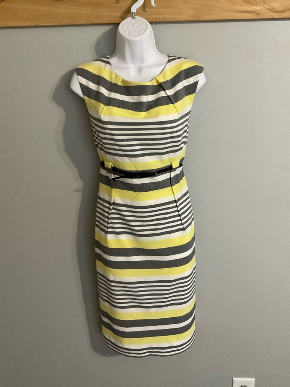 Calvin Klein Yellow, Gray & White Striped Sheath Dress w/Belt Size 12